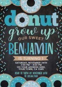 Donut Grow Up Birthday Invitation (blue & black) - www.printerfairy.com design preview