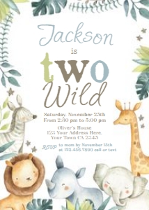 Two Wild Jungle Birthday Invitation (white) - www.printerfairy.com: Two Wild Jungle Birthday Invitation (white) - www.printerfairy.com