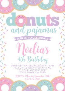 Donuts and Pajamas Birthday Invitation (pink white) - www.printerfairy.com: Donuts and Pajamas Birthday Invitation (pink white) - www.printerfairy.com