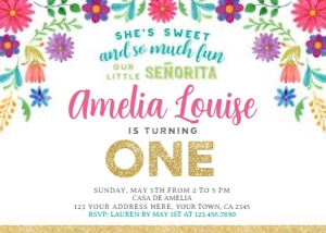 Fiesta Floral First Birthday Invitation Landscape - www.printerfairy.com design preview