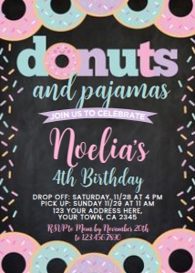 Donuts and Pajamas Black Birthday Invitation (pink & black) - www.printerfairy.com: Donuts and Pajamas Black Birthday Invitation (pink & black) - www.printerfairy.com
