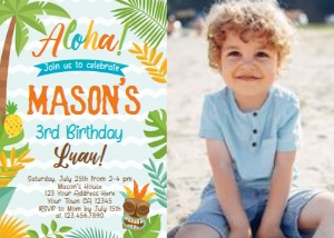 Luau Birthday Party Invitation Photo (orange blue) - www.printerfairy.com design preview