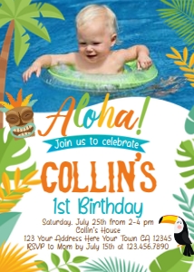 Luau Birthday Party Invitation with Top Photo (orange, white) - www.printerfairy.com design preview