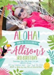 Luau Kids Birthday Pink Blue Party Invitation for horizontal photos - www.printerfairy.com design preview