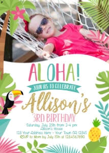 Luau Kids Birthday Pink Party Invitation for horizontal photos - www.printerfairy.com design preview