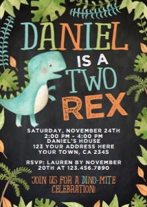 Dinosaur Two Rex Birthday Invitation (watercolor black) - www.printerfairy.com design preview