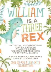 Dinosaur Three Rex Birthday Invitation (watercolor white) - www.printerfairy.com design preview