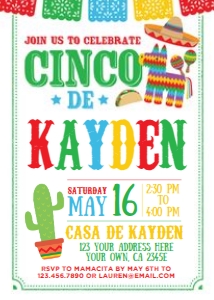 Fiesta Cinco Birthday Invitation (white) - www.printerfairy.com: Fiesta Cinco Birthday Invitation (white) - www.printerfairy.com