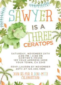 Dinosaur Threeceratops Birthday Invitation (watercolor white) - www.printerfairy.com: Dinosaur Threeceratops Birthday Invitation (watercolor white) - www.printerfairy.com
