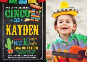 Fiesta Cinco Birthday Invitation with photo (black) - www.printerfairy.com design preview
