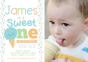 Ice Cream First Birthday Party Invitation with photo (blue orange green with face) - www.printerfairy.com design preview