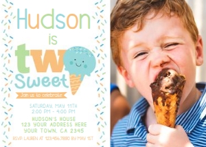 Ice Cream Second Birthday Party Invitation with photo (orange blue) - www.printerfairy.com design preview