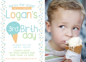 Ice Cream Birthday Party Invite With photo (blue orange green) - www.printerfairy.com design preview