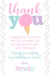 Ice Cream Party Thank You Card (pink white no face) - www.printerfairy.com design preview