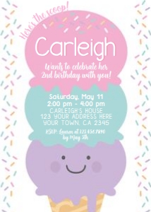 Ice Cream Birthday Party Invitation (pink, violet) with face - www.printerfairy.com design preview