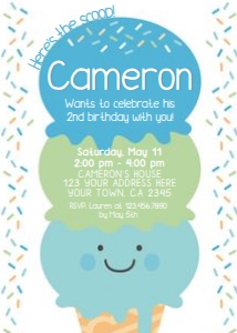 Ice Cream Birthday Party Invitation (blue green) with face - www.printerfairy.com: Ice Cream Birthday Party Invitation (blue green) with face - www.printerfairy.com