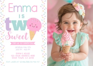 Ice Cream Second Birthday Party Invitation (pink white) with photo - www.printerfairy.com: Ice Cream Second Birthday Party Invitation (pink white) with photo - www.printerfairy.com
