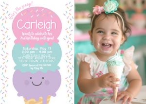 Ice Cream Birthday Party Invitation (pink, violet) with face and photo - www.printerfairy.com: Ice Cream Birthday Party Invitation (pink, violet) with face and photo - www.printerfairy.com