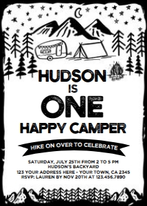 Camping First Birthday Invitation (black, white background) - www.printerfairy.com design preview
