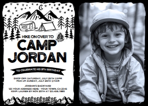 Camping Birthday Invitation with Photo (black and white) - www.printerfairy.com design preview