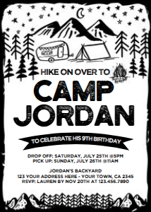 Camping Birthday Invitation (black, white background) - www.printerfairy.com design preview