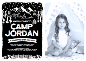 Camping Birthday Invitation (black) with photo - www.printerfairy.com design preview