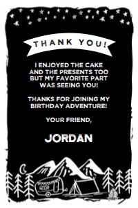 Camping Thank You Cards (white, black background) - www.printerfairy.com design preview