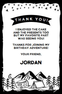 Camping Thank You Cards (black, white background) - www.printerfairy.com design preview