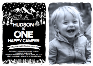 Camping First Birthday Invitation (white, black background) with photo - www.printerfairy.com design preview