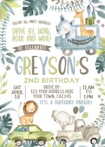 Jungle Drive-thru Birthday Party Invitation (white) - www.printerfairy.com design preview