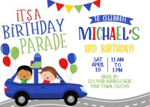 Drive Through Birthday Party Invitation (Blue & Red horizontal)- www.printerfairy.com design preview