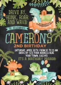 Drive through Dinosaur Birthday Invitation (watercolor black) - www.printerfairy.com design preview