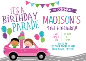 Drive Through Birthday Party Invitation (Pink horizontal) - www.printerfairy.com design preview