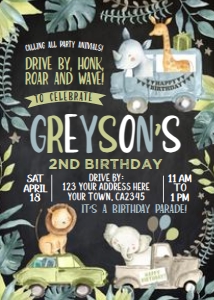 Jungle Drive-thru Birthday Party Invitation (black) - www.printerfairy.com design preview