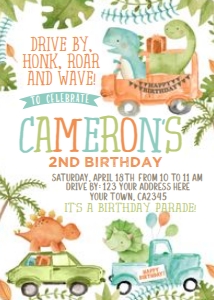 Drive through Dinosaur Birthday Invitation (watercolor white) - www.printerfairy.com design preview