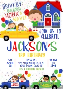 Drive Through Birthday Party Invitation (blue house, cars, kid-3) - www.printerfairy.com design preview