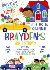Drive Through Birthday Party Invitation (blue house, cars, kid-4) - www.printerfairy.com design preview