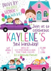 Drive Through Birthday Party Invitation (pink house, cars, kid-4) - www.printerfairy.com design preview