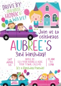Drive Through Birthday Party Invitation (pink house, cars, kid-2) - www.printerfairy.com design preview