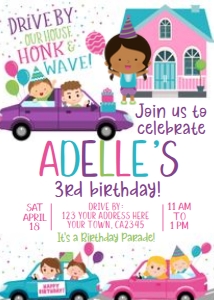Drive Through Birthday Party Invitation (pink house, cars, kid-3) - www.printerfairy.com design preview