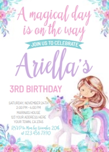 Unicorn and Mermaid Floral Birthday Invitation (brown hair) - www.printerfairy.com: Unicorn and Mermaid Floral Birthday Invitation (brown hair) - www.printerfairy.com
