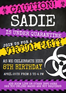 Quarantined Birthday Invitation (Black, pink and purple) - www.printerfairy.com design preview