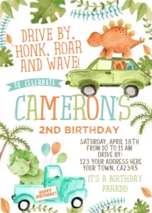Drive through Dinosaur Birthday Invitation (watercolor white) - www.printerfairy.com design preview