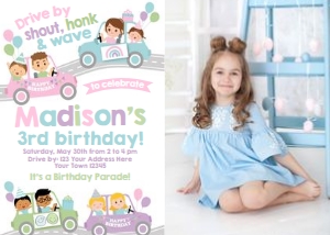 Drive Through Birthday Parade Party Invitation (pastels) with Photo - www.printerfairy.com design preview