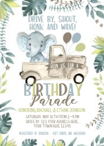 Elephant Birthday Parade Invitation (white) - www.printerfairy.com design preview