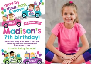 Drive Through Birthday Parade Party Invitation (pink) with Photo - www.printerfairy.com design preview