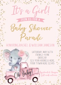 Elephant Baby Shower Parade Invitation (pink gold) - www.printerfairy.com design preview