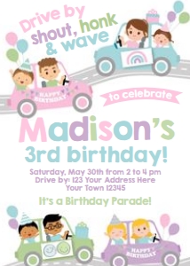 Drive Through Birthday Parade Party Invitation (pastels) - www.printerfairy.com design preview