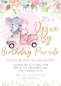 Elephant Birthday Parade Invitation (pink floral) - www.printerfairy.com design preview