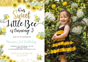 Sweet Little Bee Birthday Invitation with Photo (Teal&Gold) - www.printerfairy.com design preview